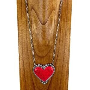 Red Stone Heart Necklace Paper Clip Chain